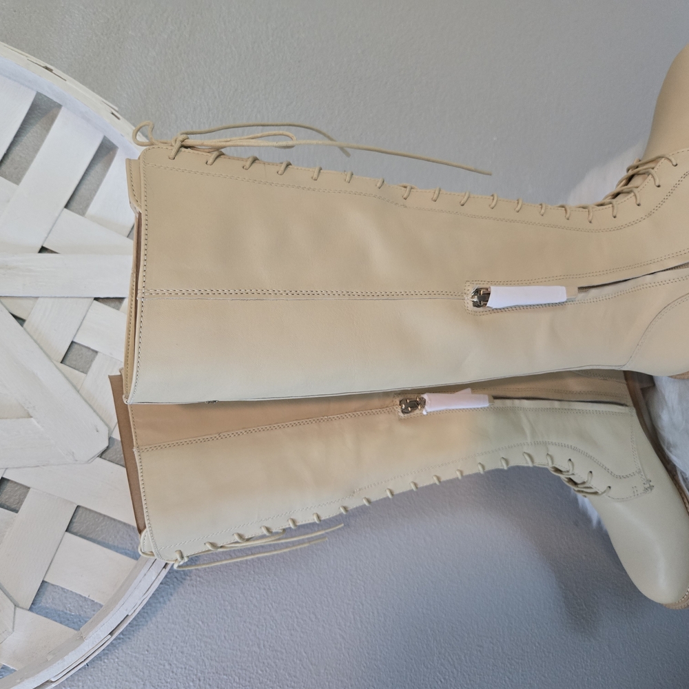 Sam Edelman Nance Elegant Beige Knee-High Lace-Up Boots In Eggshell - Picture 8 of 13